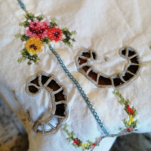 VTG Embroidered Floral Cross Stitch Crochet Tablecloth Hand Stitched Cut Work - Picture 11 of 16